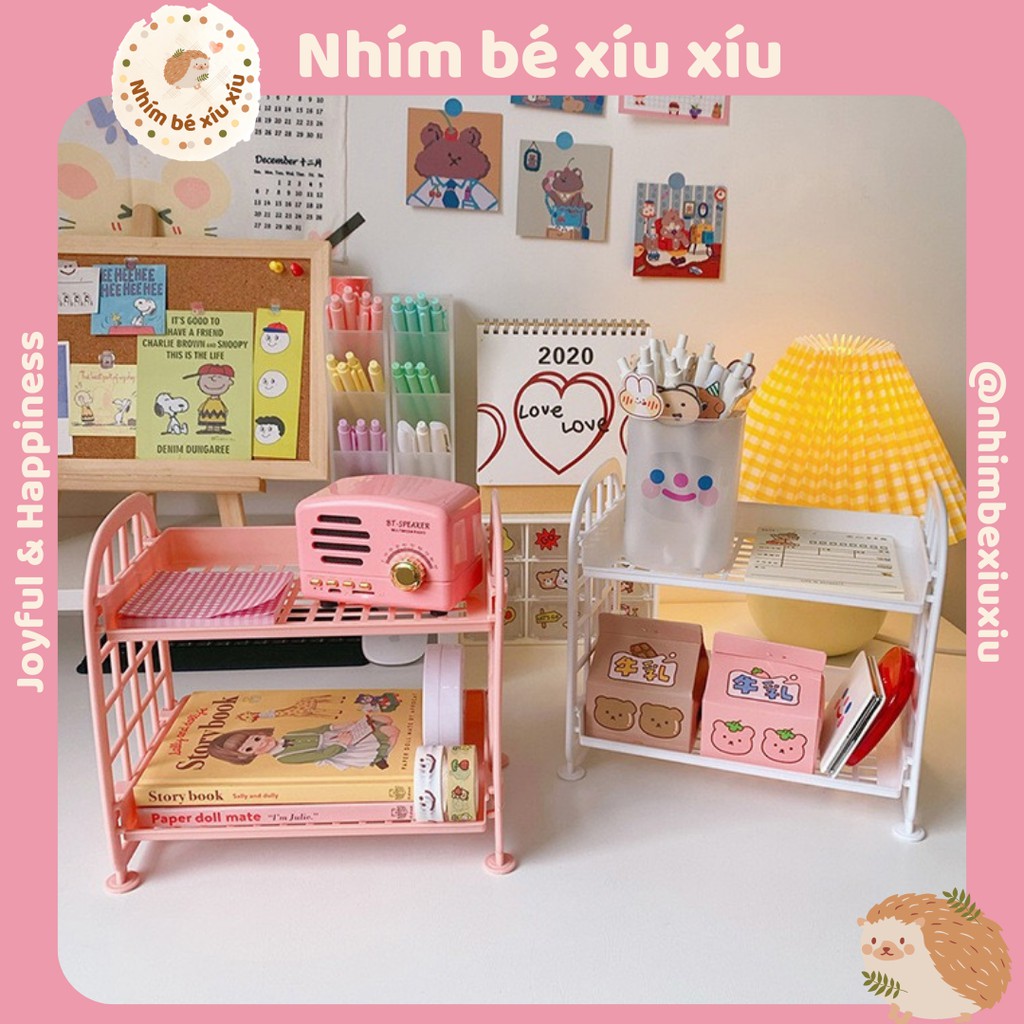 Kệ nhựa mini 2 tầng đựng đồ đa năng siêu xinh decor bàn học bàn làm việc nhimbexiuxiu TN63