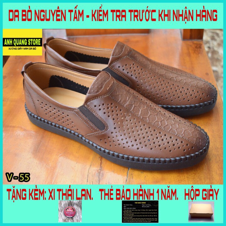 Giày mùa hè lười nam HQC SHOES thiết kế đục lỗ laze thoáng khí chất liệu da bò thật HQ019