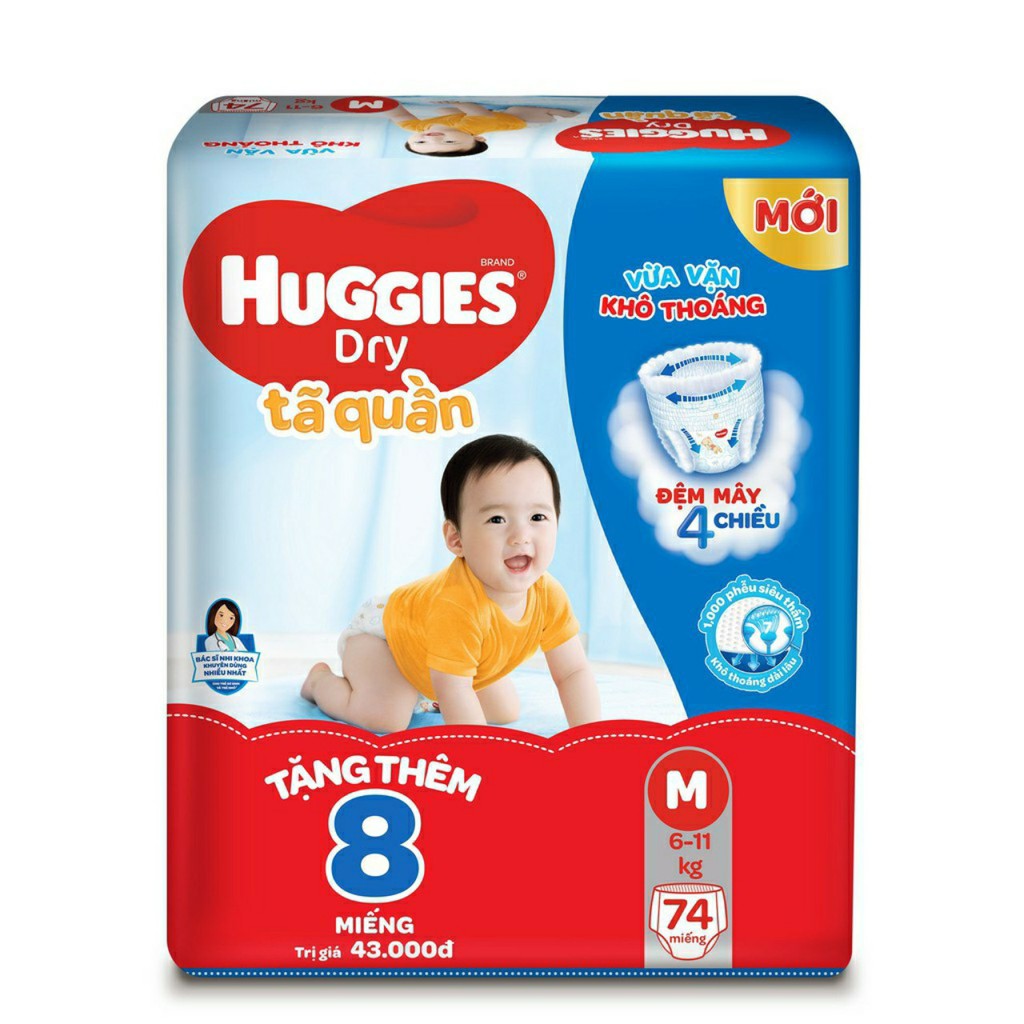 Tã quần HUGGIES DRY PANTS SUPER JUMBO M 74+8 , L68+8 , XL 62+8 , XXL56+8