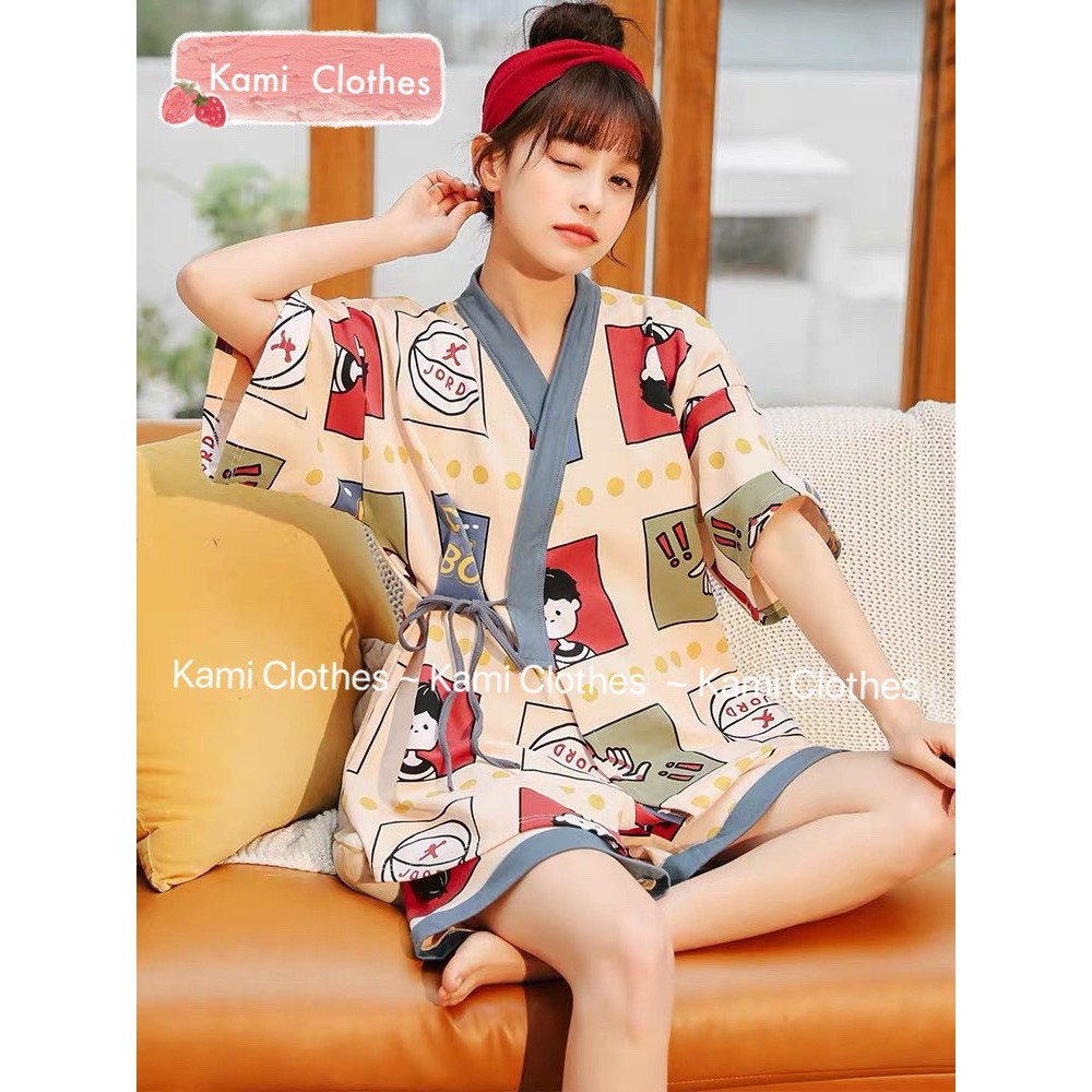 Bộ yukata ngắn tay buộc dây hình cặp đôi dễ thương, bộ Pijama nữ dây eo cộc tay icon - KAMI Clothes | BigBuy360 - bigbuy360.vn