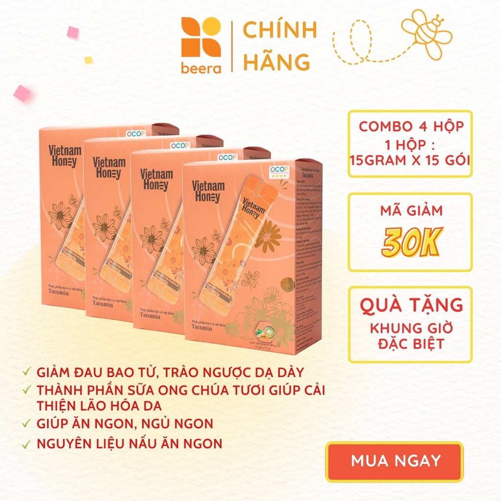 Combo 4 hộp mật ong nghệ sữa chúa Tacumin Vietnam Honey (15g x12 gói / Hộp)