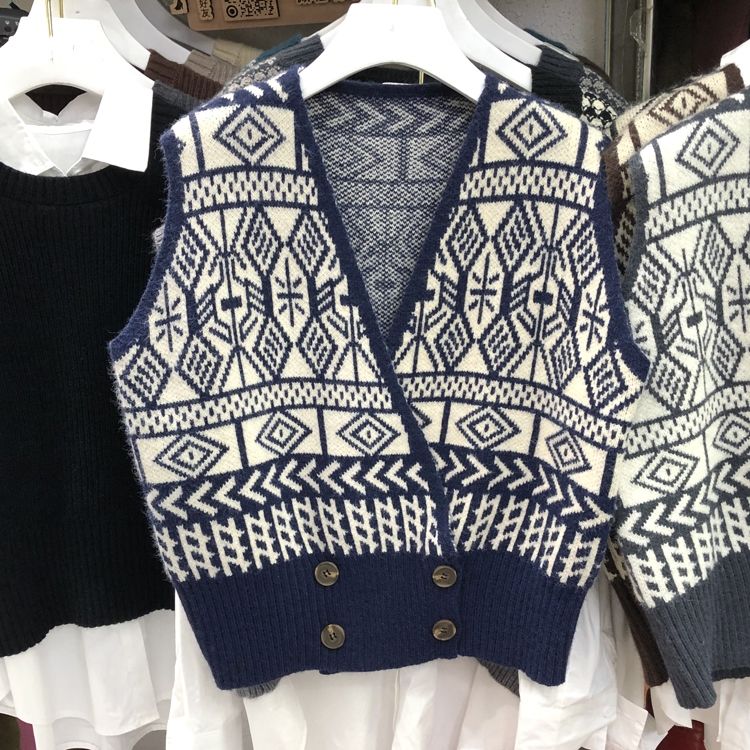 Áo Gile Áo Len Gile Knitted Vest Women's New Loose Retro Contrast Plaid Sleeveless V-neck Jacket