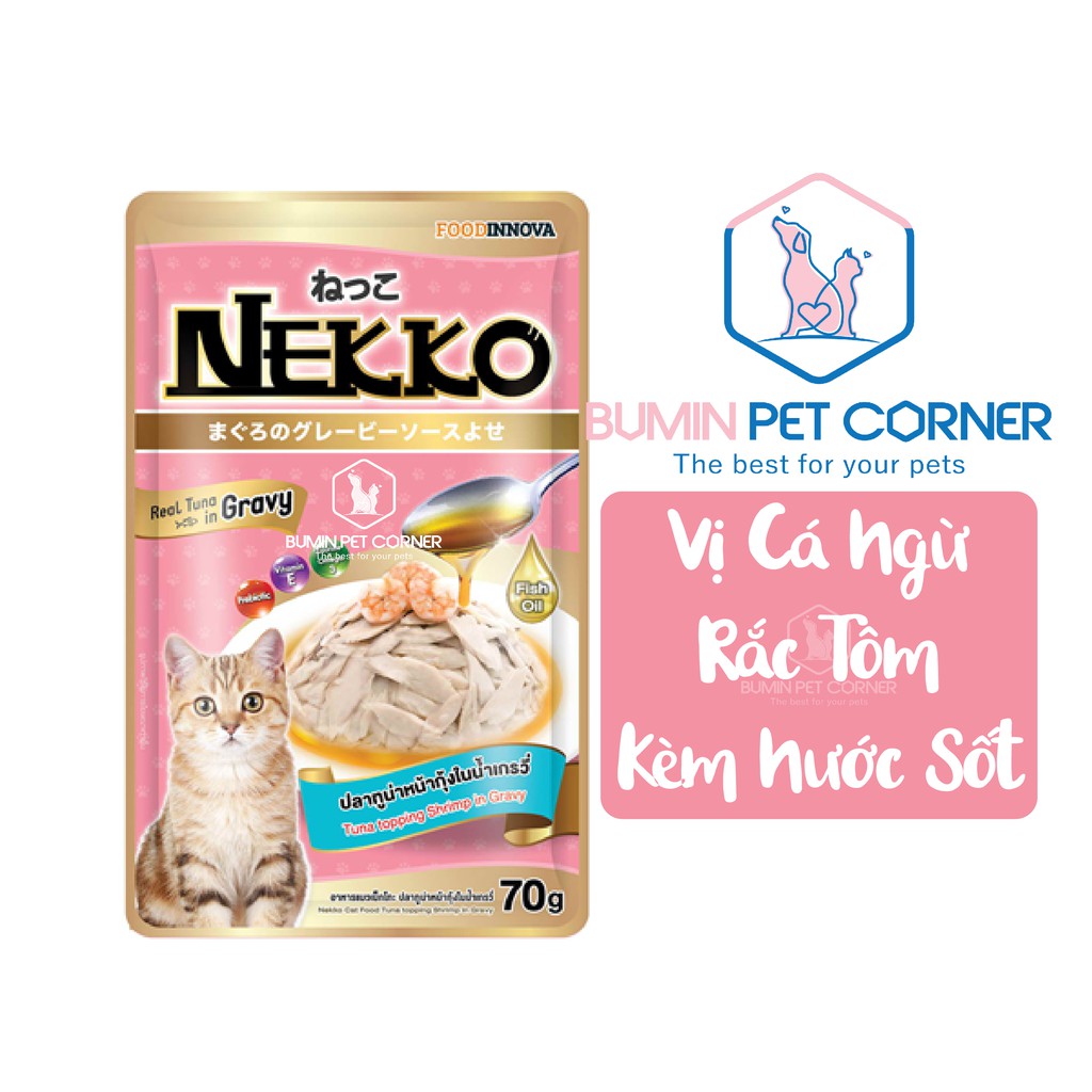 Pate cho Mèo Nekko Gravy vị Cá ngừ rắc Tôm kèm nước sốt gói 70g