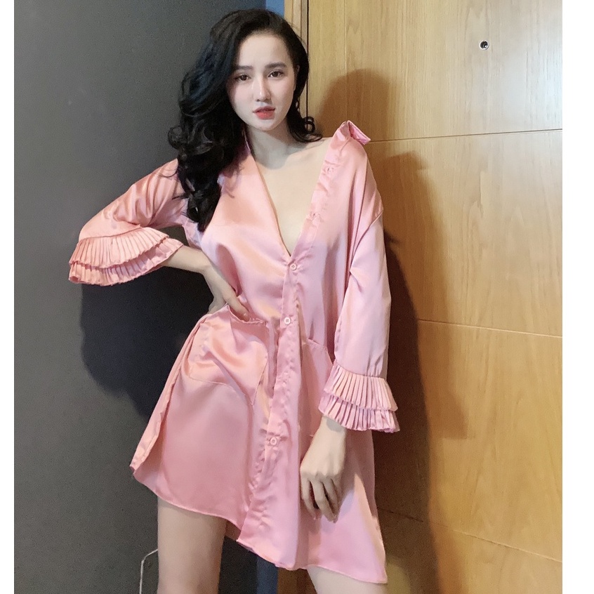 Đồ ngủ sexy / Đầm sơmi siêu gợi cảm - tay có phối dập ly, chất liệu SATIN cao cấp loại 1 mềm mịn mát, freesize dưới 65kg