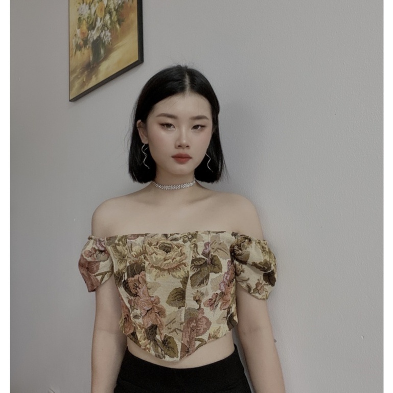 Corset trễ vai, Áo croptop bẹt vai tiết hoa dáng corset,  áo crotop trễ vai thổ cẩm phong cách sexy sang chảnh size S M