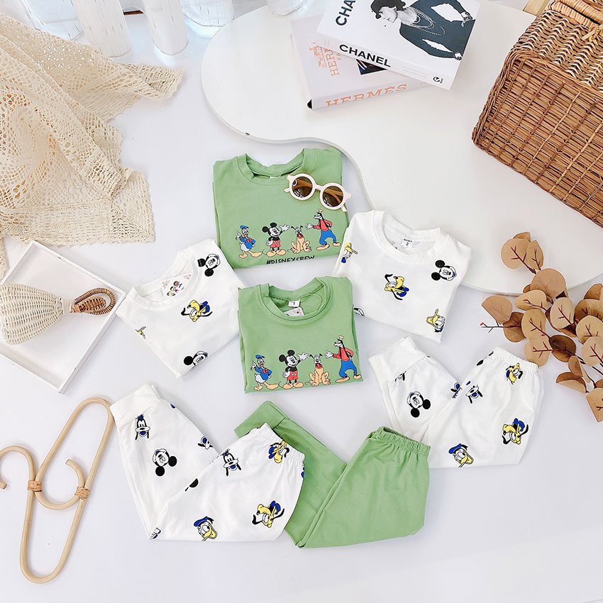 Bộ Quần Áo Dài Tay Thu Đông In Hình DISNEY CREW Vải Cotton Tàu Co Dãn 4 Chiều Cho Bé Từ 7-19kg Mã DT36
