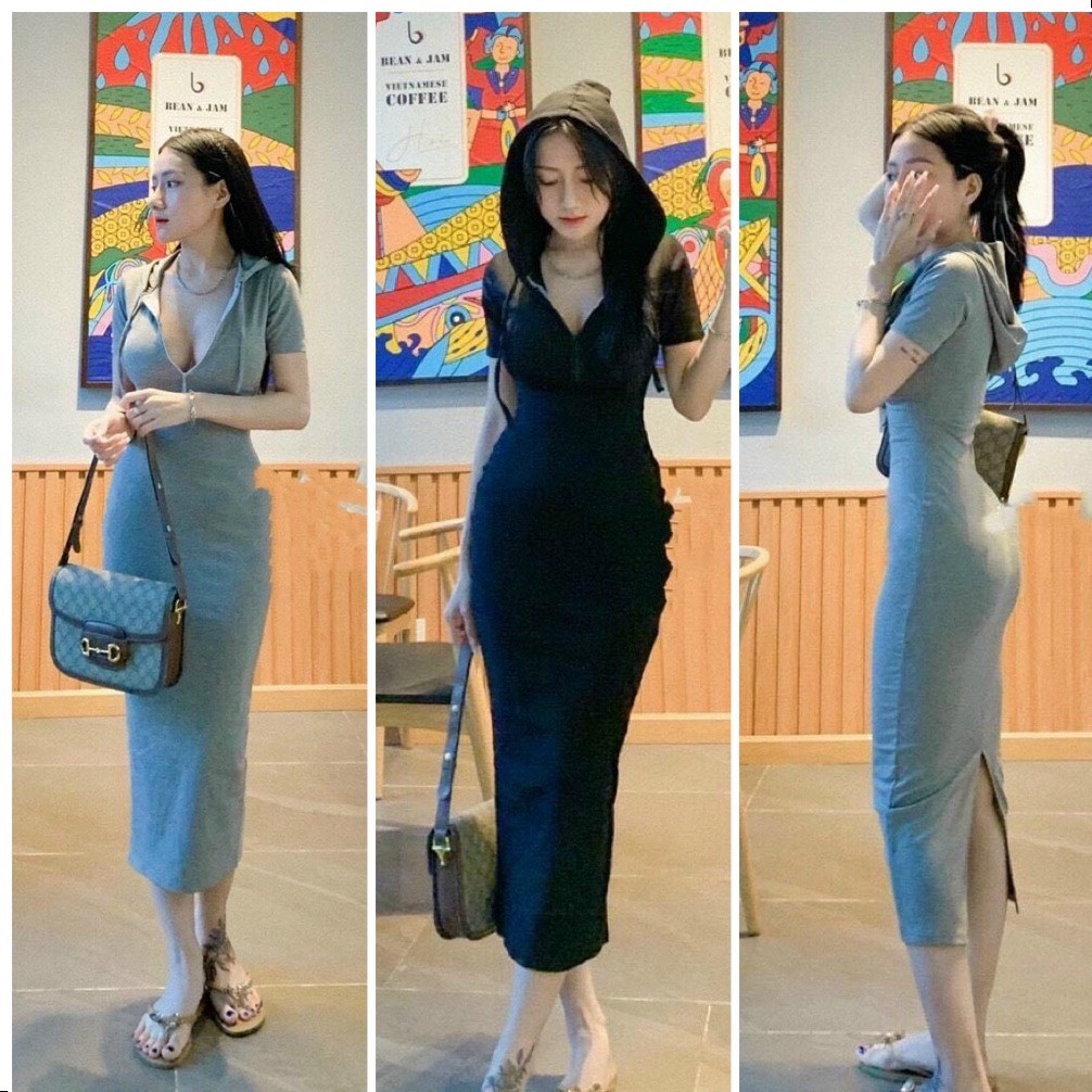 Đầm Body Có Mũ Dáng Dài Qua Gối Thun Tăm Dày dặn