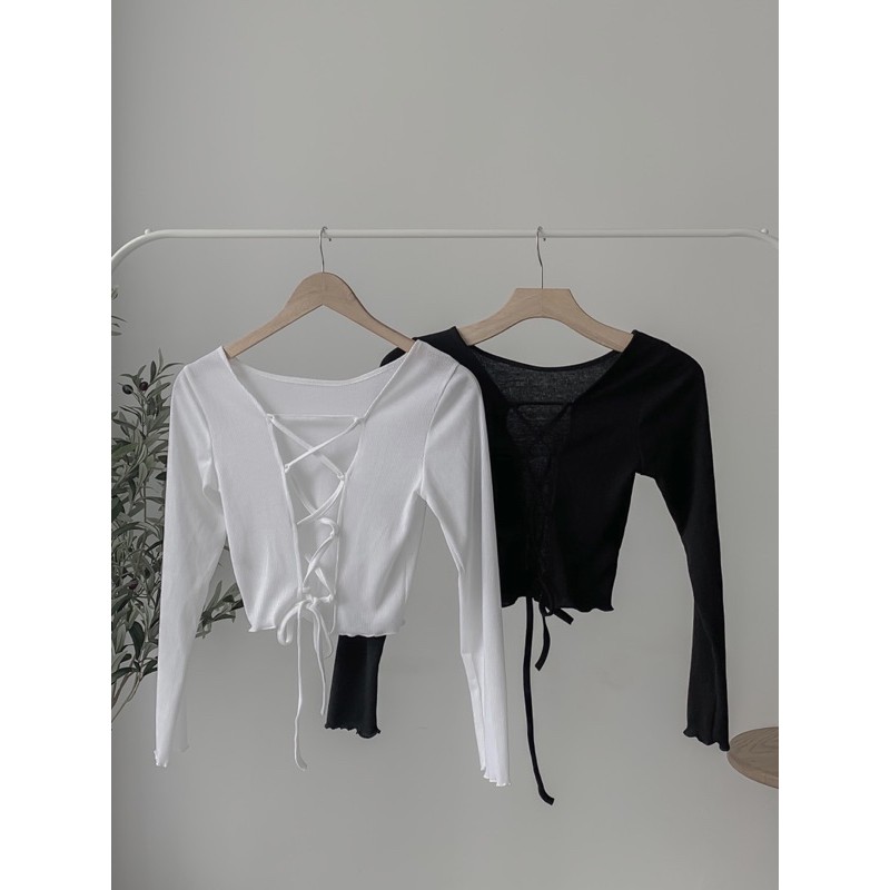 Áo croptop tay dài thun đan dây sau lưng