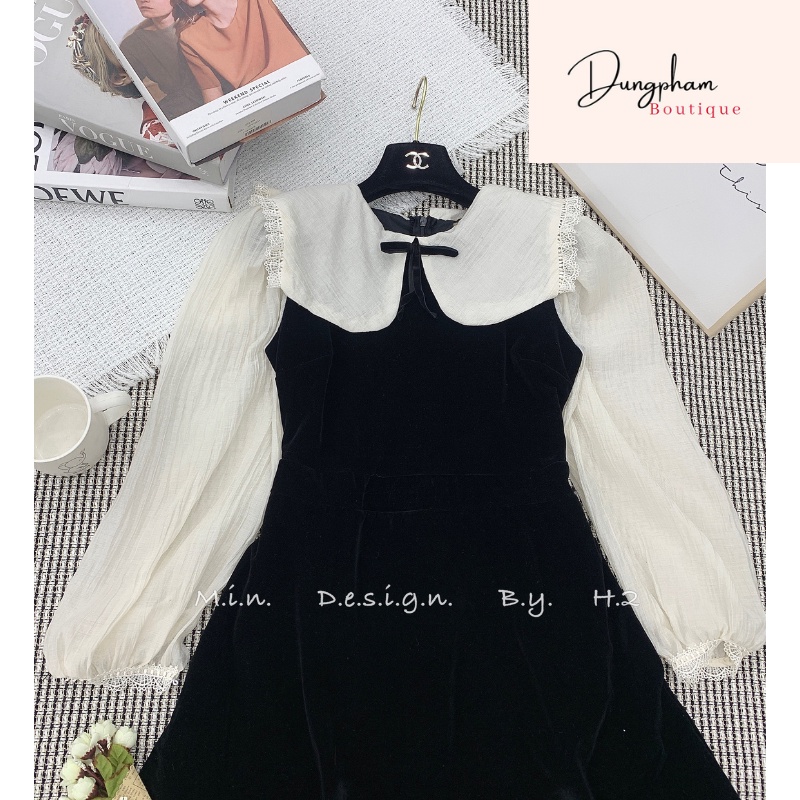 Váy nhung cổ đũi phối ren viền _ Dungpham Boutique