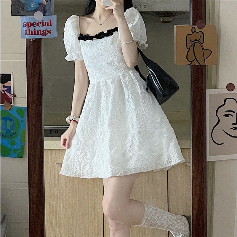 [MURIOKI] Đầm Babydoll Trắng Tay Phồng Không Viền Cho Bé Gái