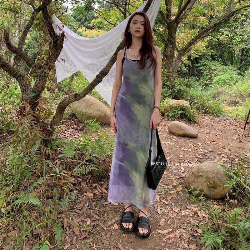 Đầm Hai Dây Họa Tiết Màu Nhuộm Phong Cách Hong Kong Thời Trang Cho Nữ