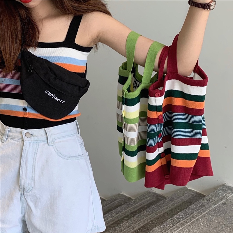 Áo dệt kim ZHELIHANGFEI không tay họa tiết sọc nhiều màu sắc retro thời trang mùa hè phong cách Hong Kong cho nữ