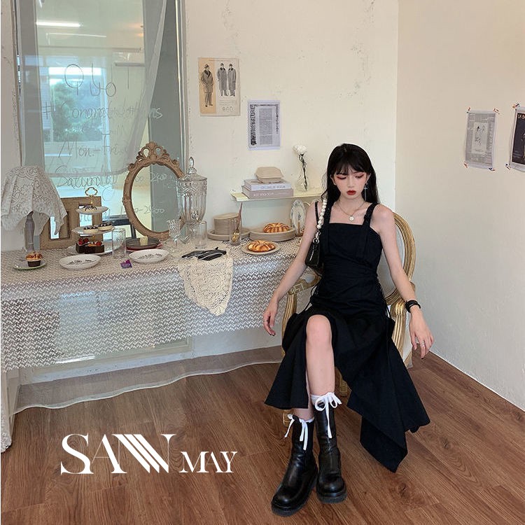 Đầm Xòe Dự Tiệc Đen SANMAY Thiết Kế Lệch Tà, Vải Nhung Co Dãn VD030 | BigBuy360 - bigbuy360.vn