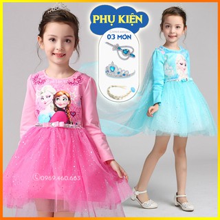 🔥Xả Hàng🔥 Váy Đầm Elsa Thu Đông Dài Tay Cho Bé Gái Màu Xanh Hồng Đủ Size 12-35kg Có Vương Miện, Đũa Phép