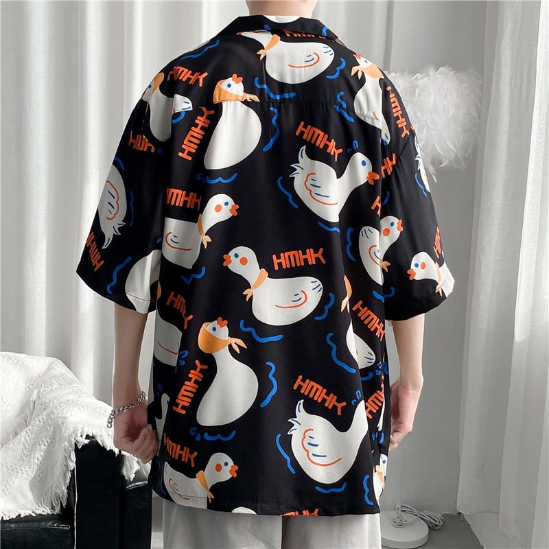 Áo Sơ Mi Mỏng Dáng Rộng Tay Cộc Cổ Gập Chống Nhăn In Hình Vịt Hoạt Hình Thời Trang Mùa Hè Hàn Quốc 2022 Dành Cho Bạn Nam