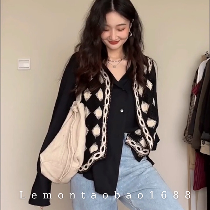 Áo Khoác Len Cadigan kẻ caro năng động, mix váy áo mùa thu Lemontaobao