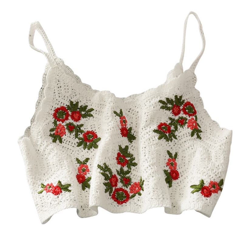 Áo Croptop Dệt Kim Không Tay Thêu Hoa Xinh Xắn Dành Cho Nữ