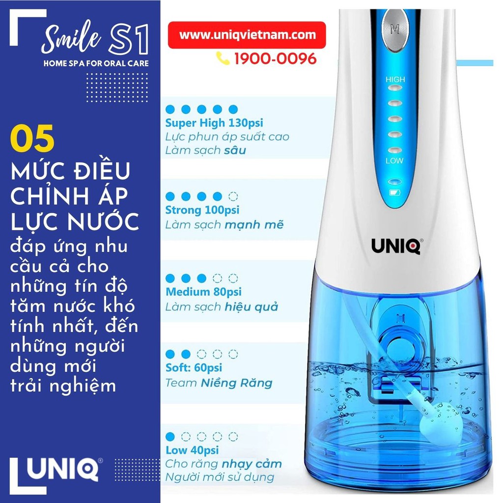 Tăm nước cầm tay UNIQ Smile S1 waterpik động cơ Nhật Bản siêu bền máy vệ sinh răng miệng xịt rửa làm sạch kẽ niềng 300ml