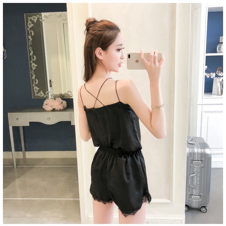 Bộ đồ ngủ lụa 2 dây mùa hè satin kim tuyến viền ren gợi cảm Hisexy LUCIA SISTERV07.