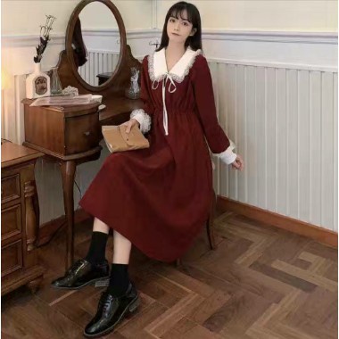 Váy đầm nữ màu đỏ xòe dự tiệc dài tay phối cổ ren vintage kiểu dáng đẹp sành điệu hàng Quảng Châu NITEHY 3