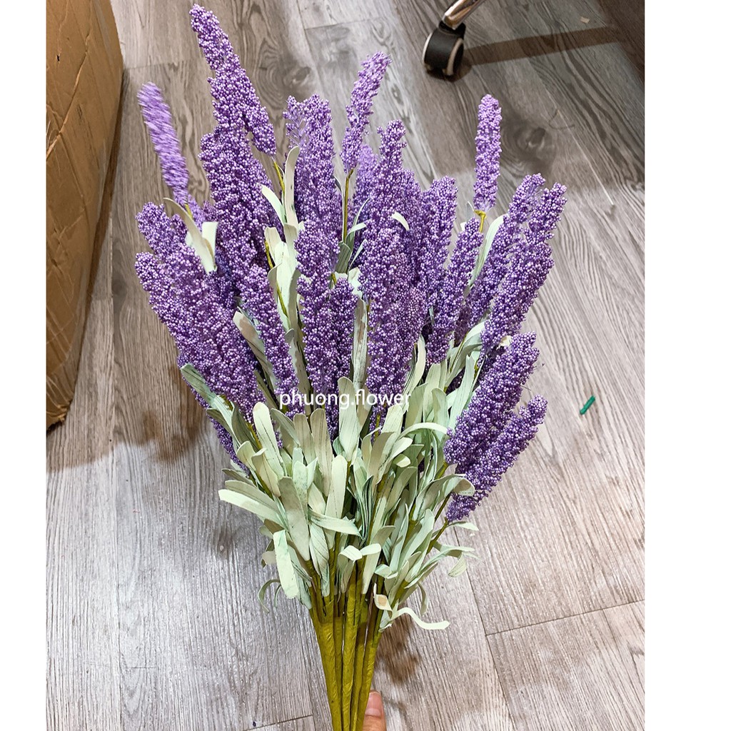 Cành hoa oải hương lavender giả nhân tạo dài 54cm loại 12 hoa dài lớn cành dài mềm nhiều lá tuyệt đẹp