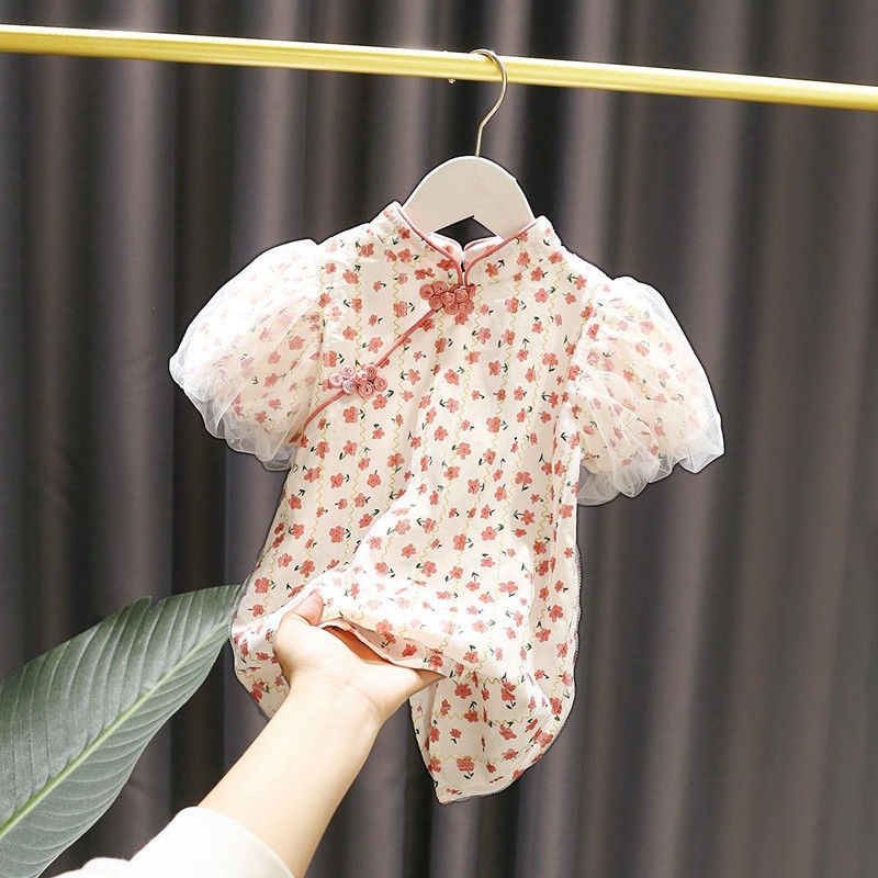 Sườn Xám Ngắn Tay In Hoa Thời Trang Mùa Hè Mới Dành Cho Bé Gái