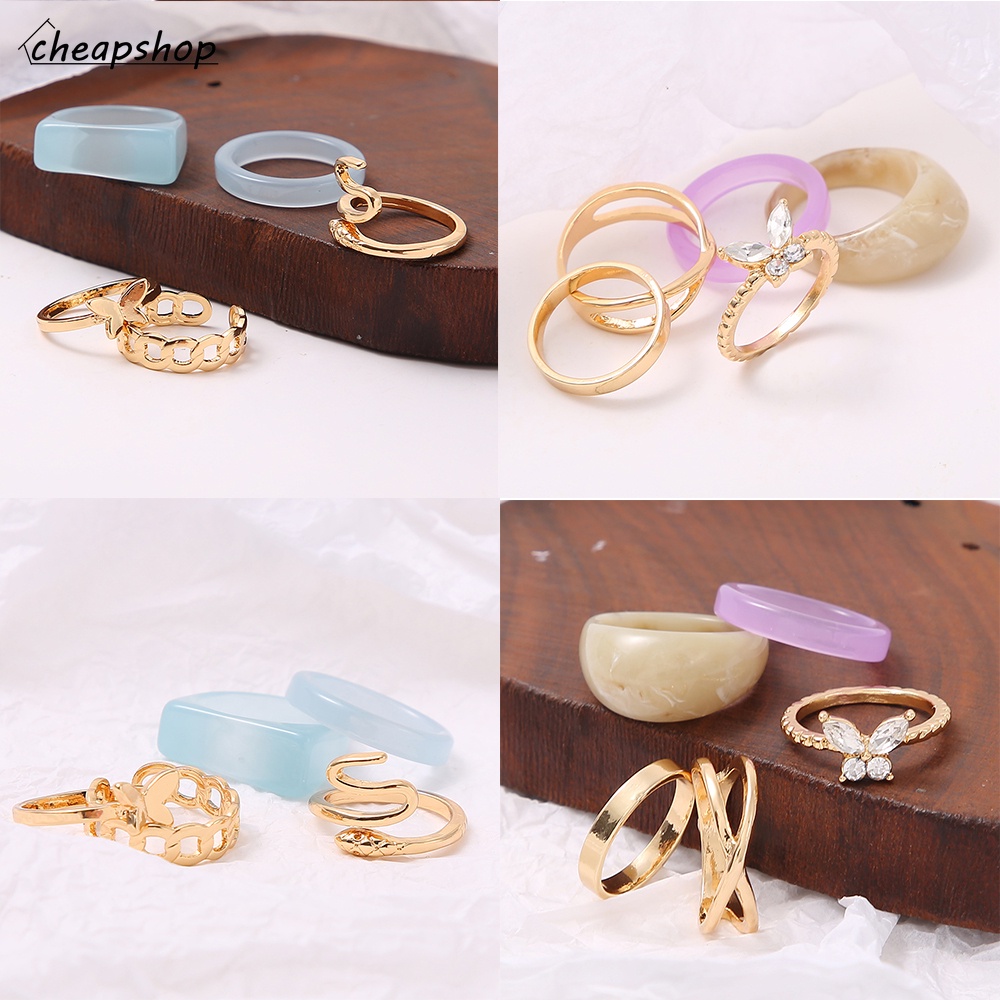 iF YOU 5Pcs Personalized Fashion Resin Metal Ring Set Crystal Butterfly Finger Ring Women Jewelry Accessories