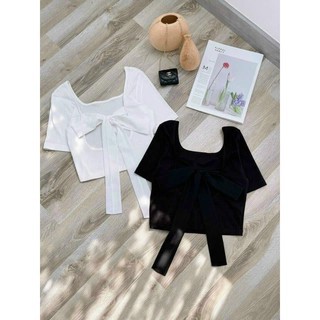 Áo croptop cộc tay buộc nơ lưng - Đen/Trắng - Freesize &lt; 57kg - Ôm body tôn dáng sexy