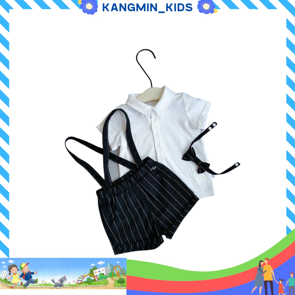 Bộ Quần áo Nơ Yếm Chất cotton bé trai KANGMIN, Quần Yếm Áo Thun Cộc Tay, Đậm chất công tử cho bé trai từ 6 đến 17kg