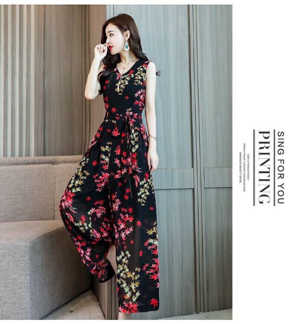 Hàng nhập - Jumpsuit dài voan lụa in lá phong