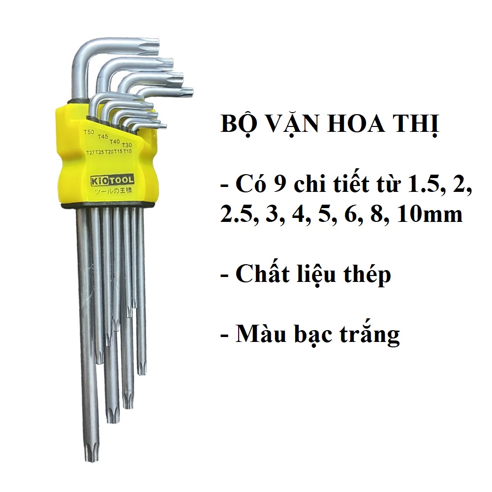 Bộ Vặn Lục Giác, Vặn hoa thị 9 cỡ từ 1.5, 2, 2.5, 3, 4, 5, 6, 8, 10 mm thép mạ crom, nhiệt siêu bền của Nhật
