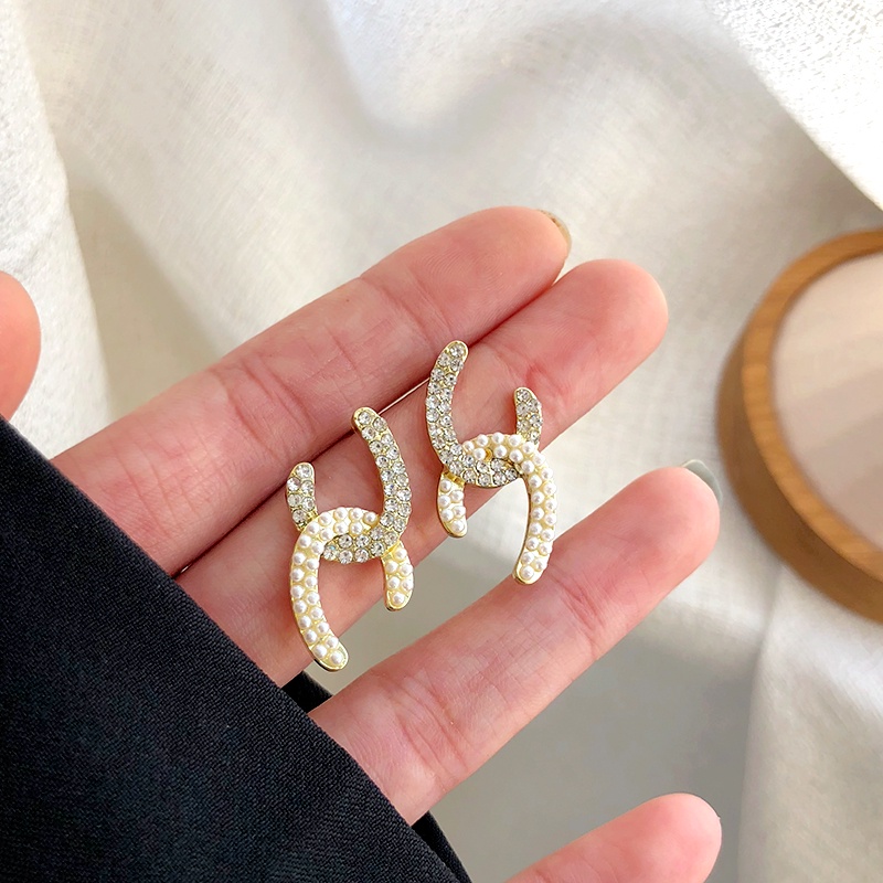 Bông Tai Chữ C Đính Ngọc Trai Lấp Lánh Thời Trang Hàn Quốc Cho Nữ