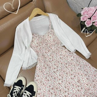 Set áo khoác croptop + đầm 2 dây hoa