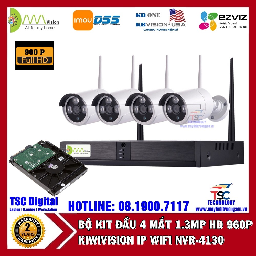 Bộ Camera KIWIVISION NVR4130 Wifi NVR Kit 4 Mắt Camera 1.3M Full HD 960P | Kèm Ổ Cứng 500Gb Lưu Trữ Lên Đến 60 Ngày