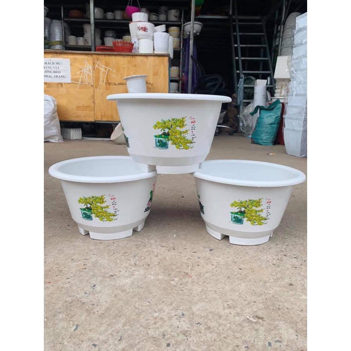 (27x16cm) Chậu nhựa tròn loe có chân in họa tiết hoa 3D siêu đẹp, dày dặn, bộ bền cực cao
