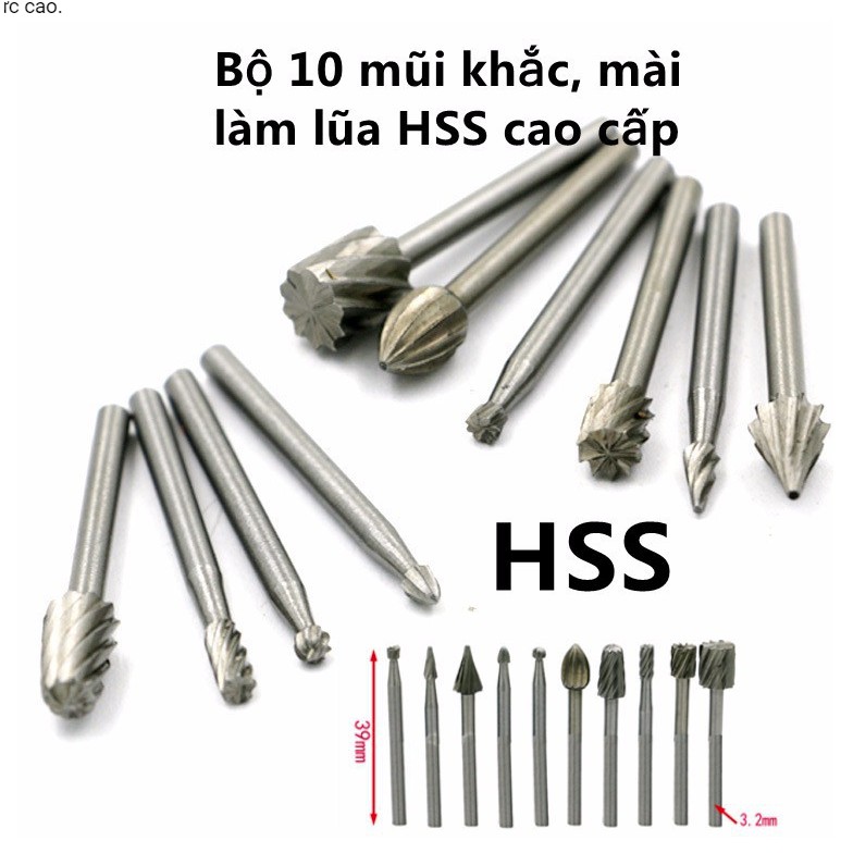 Bộ 10 mũi làm lũa , khắc, mài HSS cao cấp