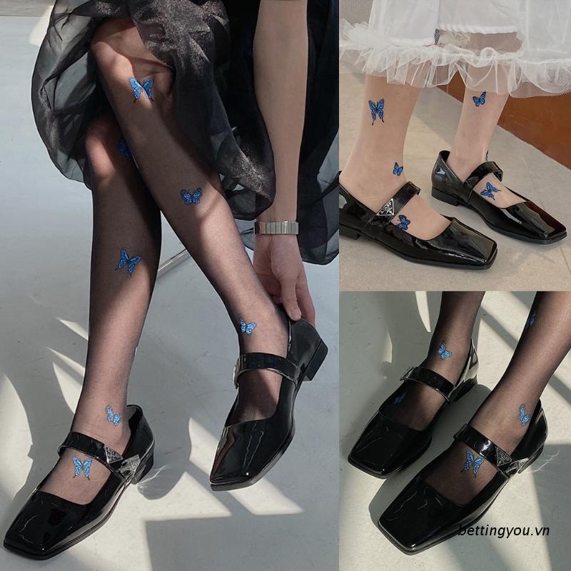 Quần tất không đường may siêu mỏng in họa tiết bướm xanh dương phong cách Lolita Nhật Bản