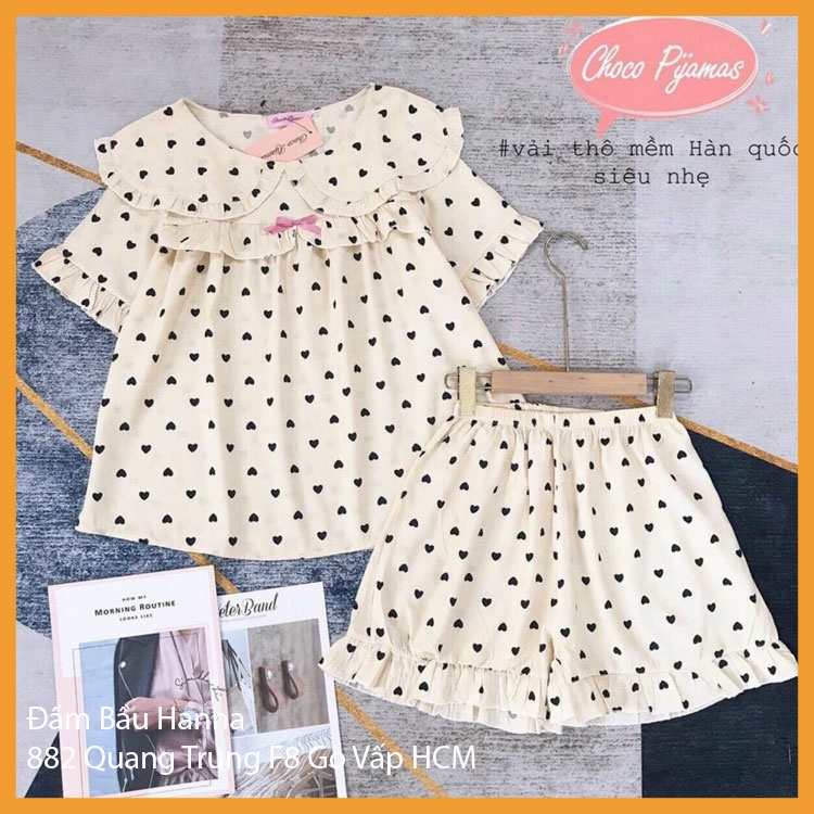 ĐỒ BỘ BẦU ĐÙI LỤA HỌA TIẾT TRÁI TIM 1 LỚP MÁT MÙA HÈ, MẶC THỎA MÁI, CÓ THUN ĐIỀU CHỈNH Ở BỤNG