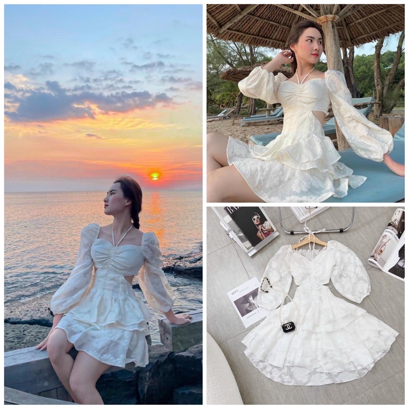 Đầm ren khoét eo trắng