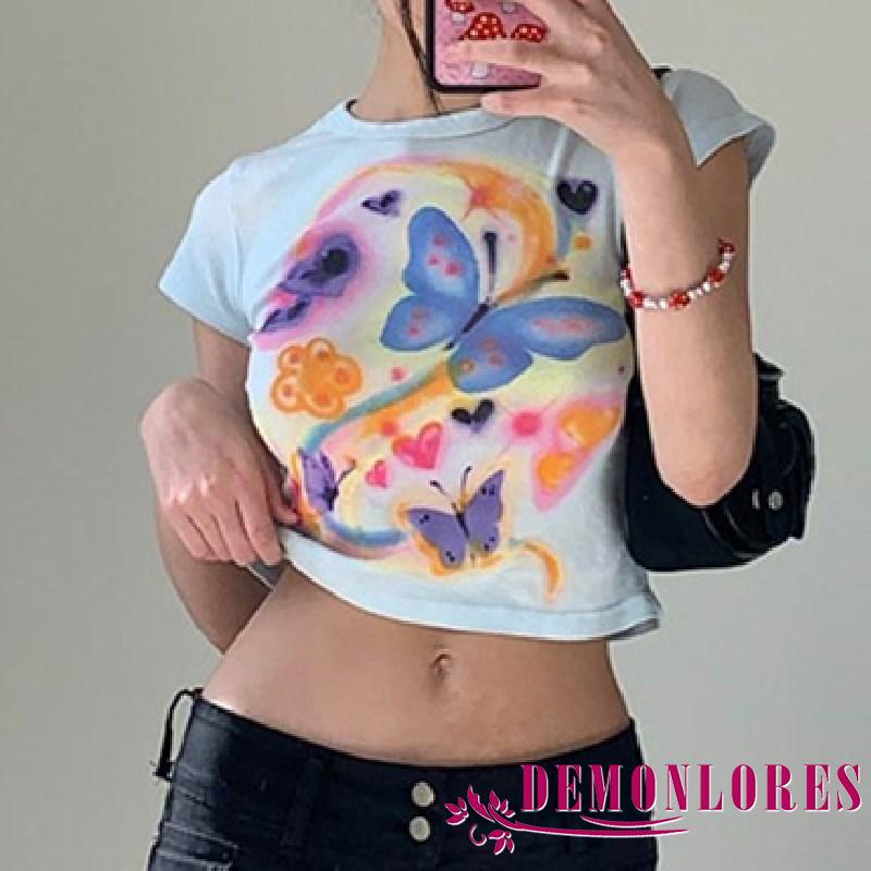 Áo croptop ôm tay ngắn nhuộm màu hình con bướm cho nữ