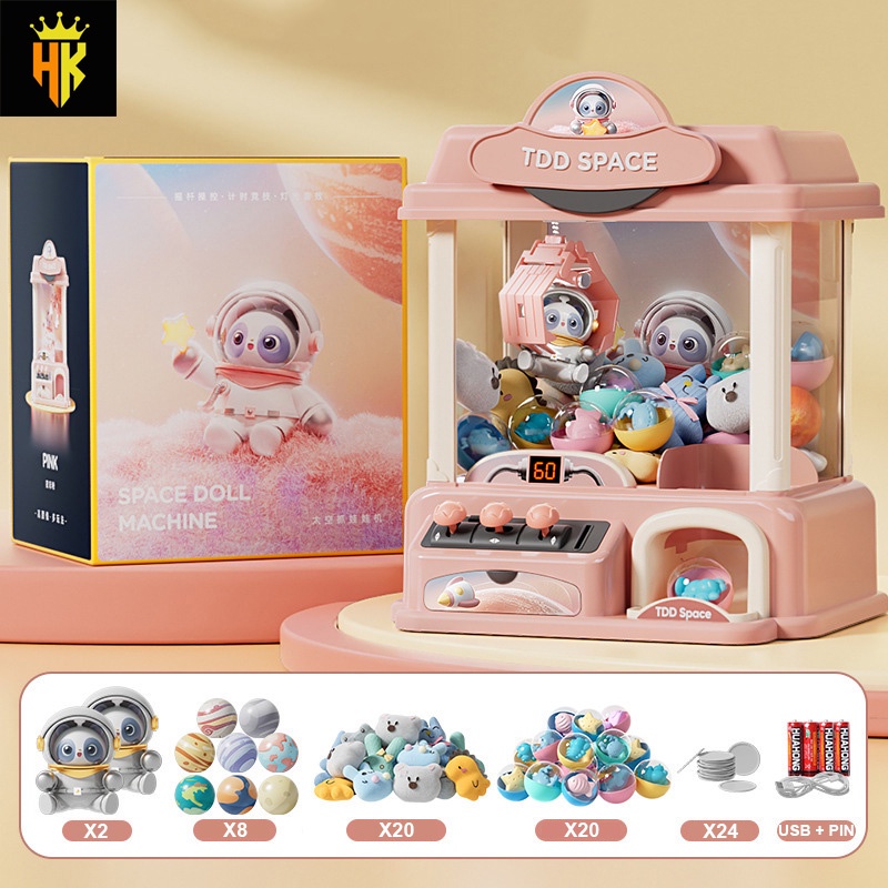 Máy Gắp Thú Mini Phi Hành Gia Cho Bé Kích Thước Lớn Kèm Xu Đếm Thời Gian, Có Nhạc Có Đèn Sẵn Nhiều Thú Bông Cho Trẻ Em