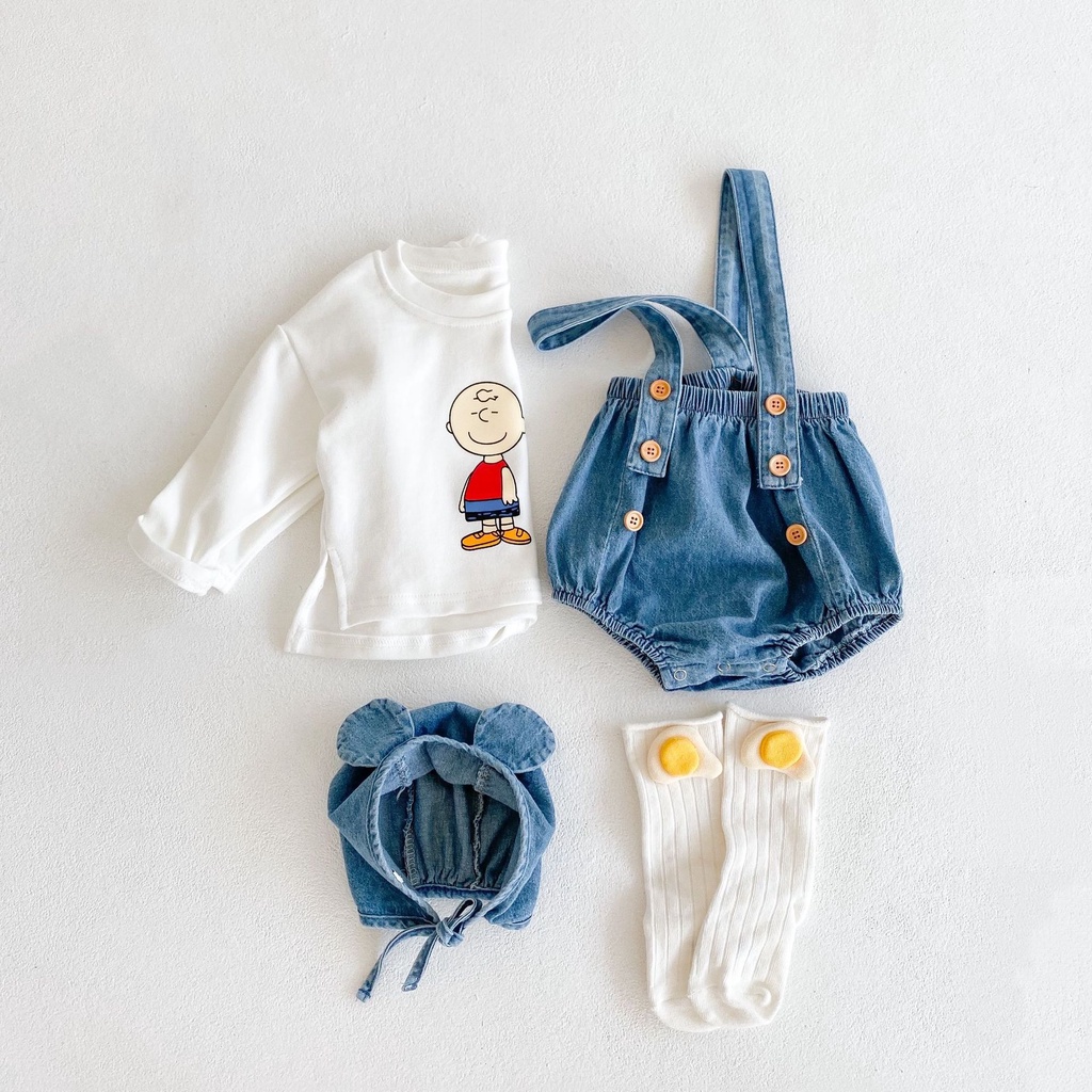 (Hàng Mới Về) Bộ yếm + áo tay dài + mũ có tai thỏ thời trang cho bé sơ sinh dễ thương