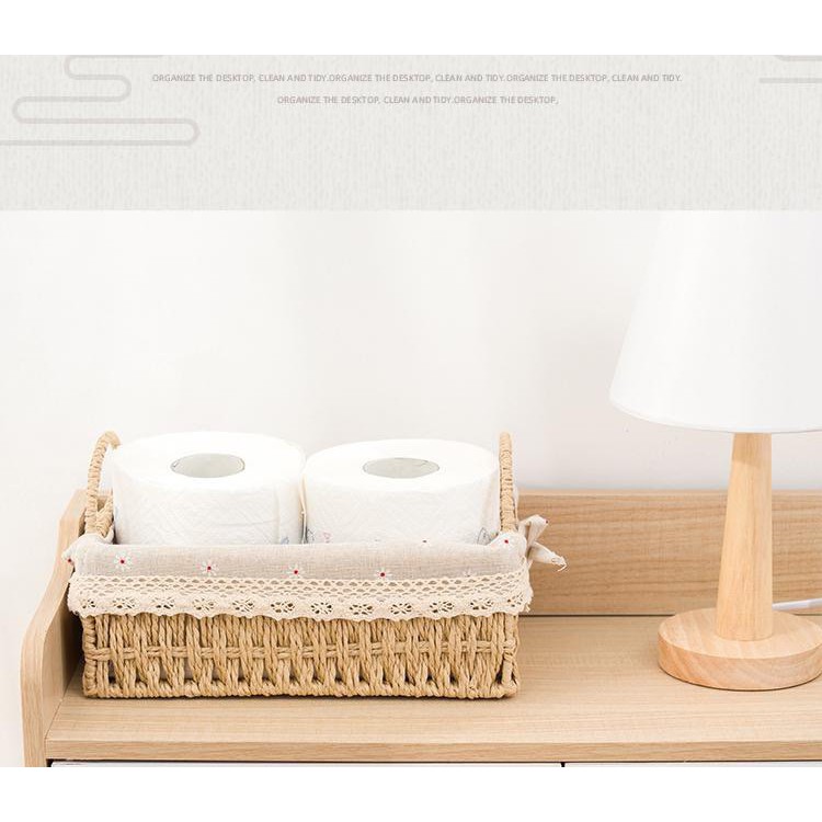 Giỏ cói lót vải chụp ảnh sản phẩm, đựng mỹ phẩm, đồ văn phòng phẩm decor xinh xắn Hình chữ nhật có quai