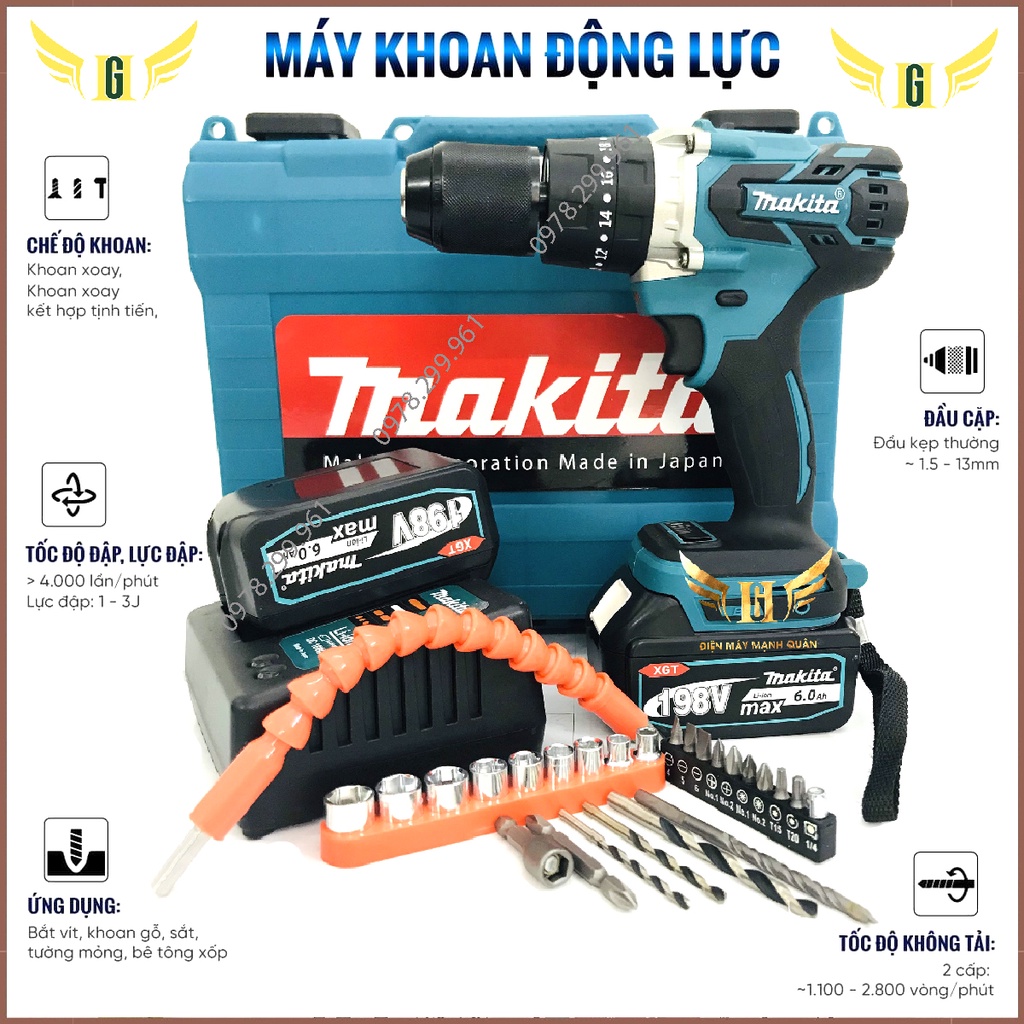 Máy Khoan Pin Ma.ki.ta 198V Không Than Có Búa, Pin 10 CELL AutoLock 13 Ly - Bắt Vít, Siết Bulong