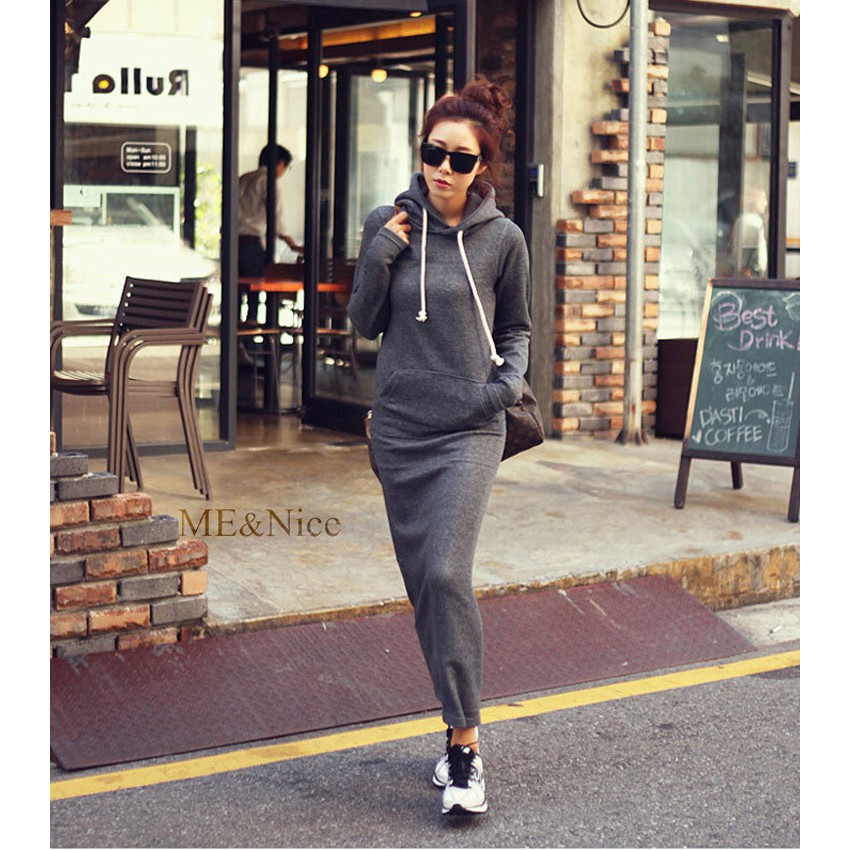 Plus Đầm Hoodie Tay Dài Phối Nhung Dày Dáng Dài Cỡ Lớn Thoải Mái Cho Nữ | BigBuy360 - bigbuy360.vn