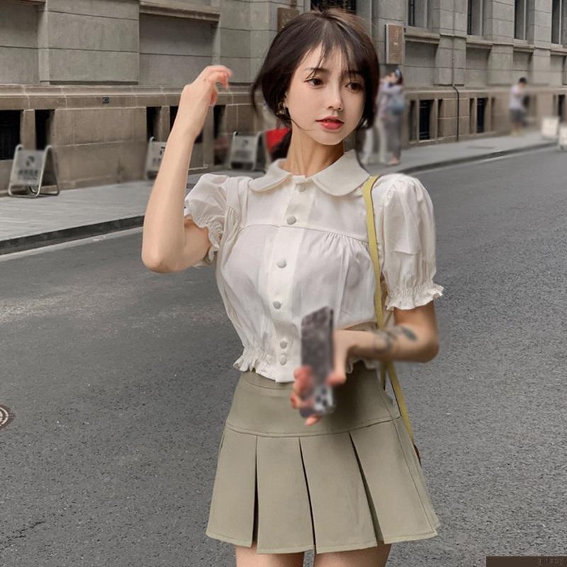 Áo sơ mi croptop tay phồng cổ búp bê màu sắc đơn giản thời trang theo phong cách hàn quốc cho nữ