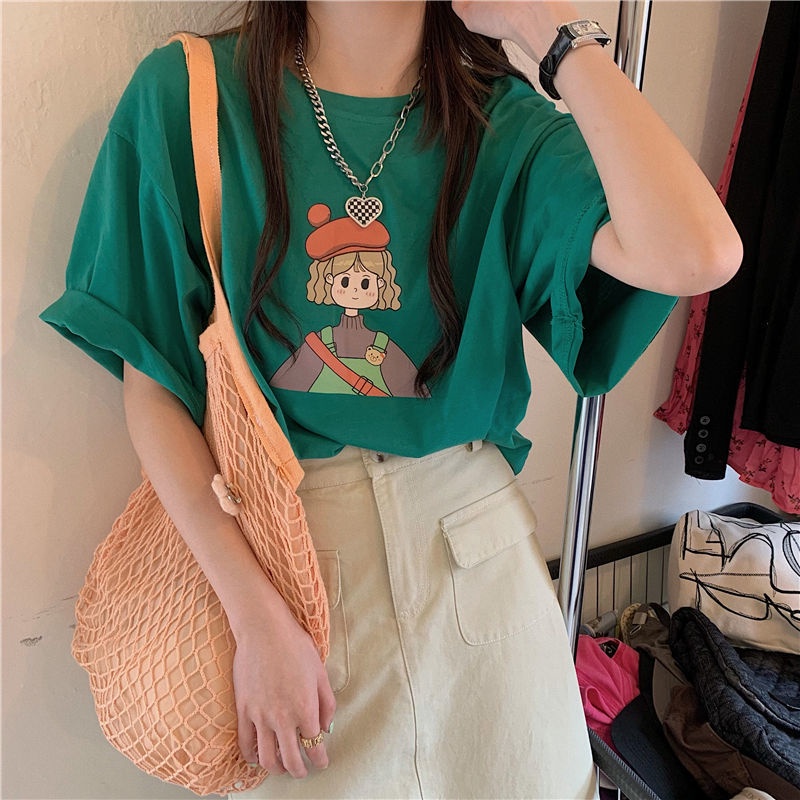 Áo Thun Ngắn Tay Dáng Rộng In Họa Tiết Xinh Xắn Theo Phong Cách Mùa Hè Dành Cho Nữ