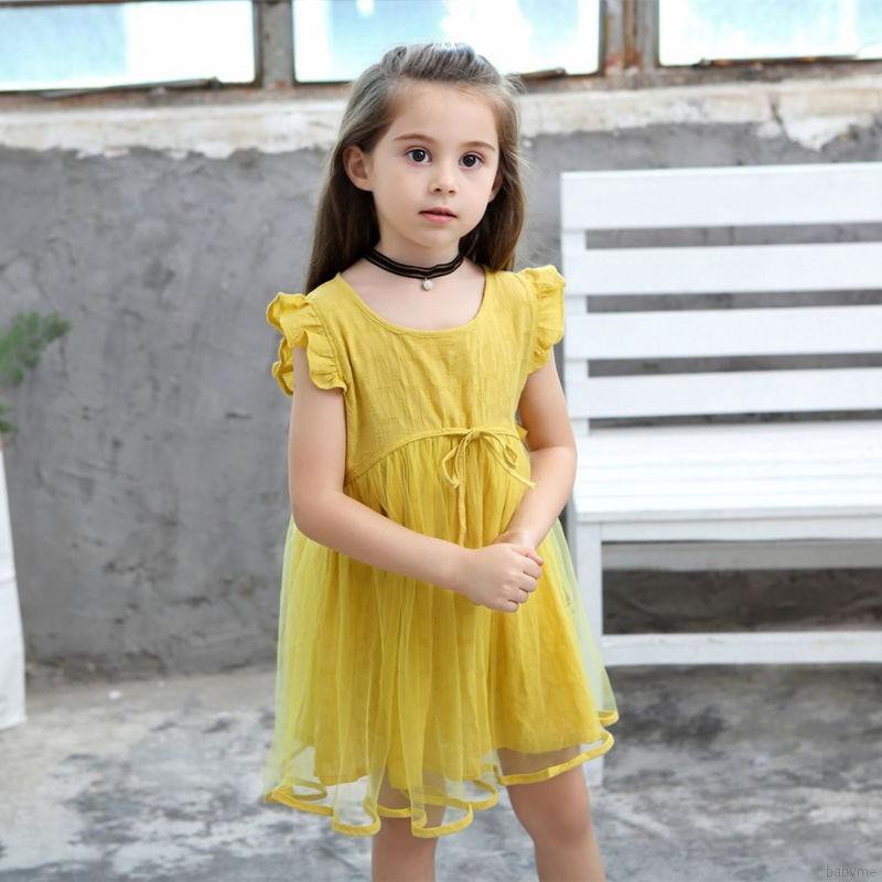 ♕ babyme ღ Baby Girls Solid Print Mesh Dress Cotton Flare Sleeve Sundress