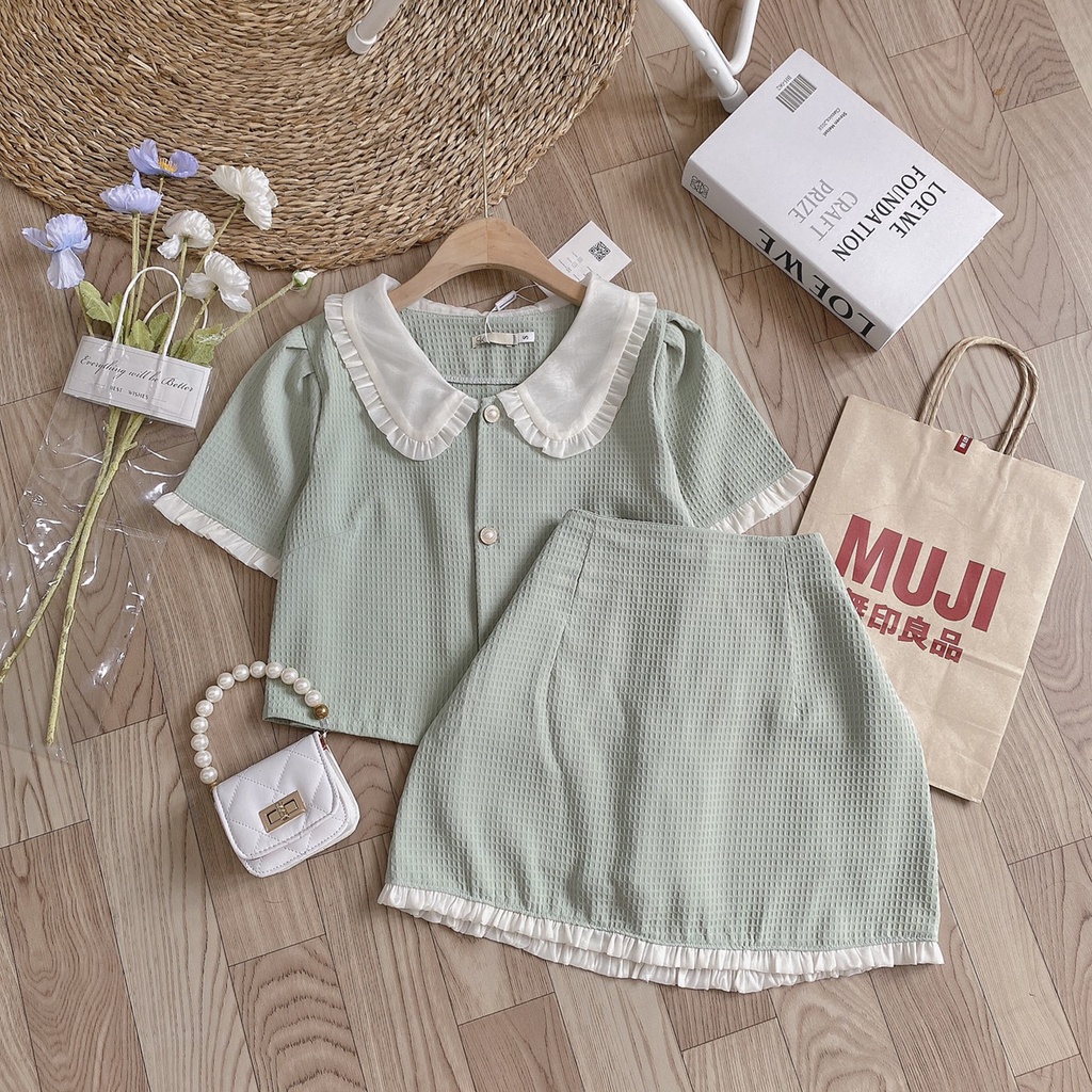Set bộ chân váy chữ A và áo cổ sen phối bèo màu xanh size SM- ROSE STORE