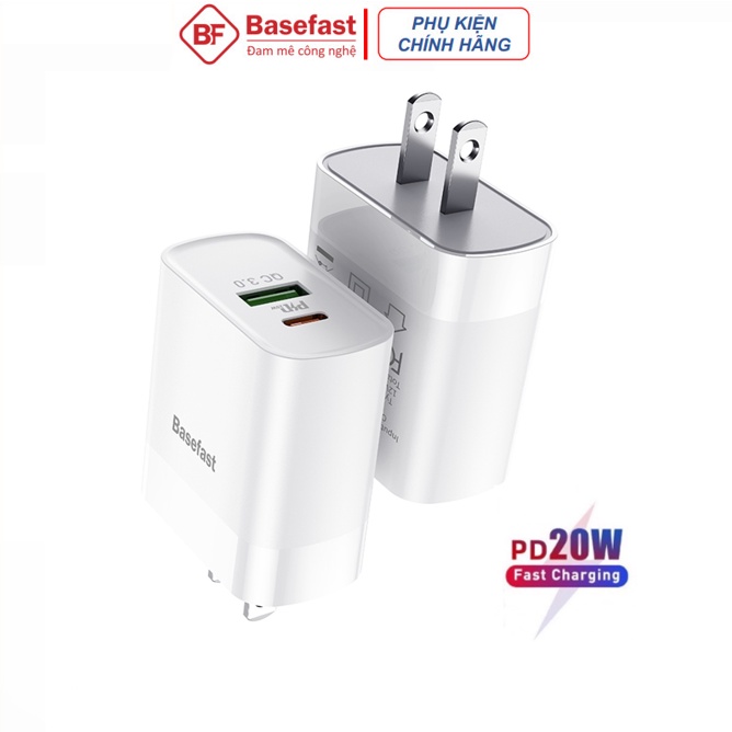 Củ Sạc Nhanh Ip 20w 2 Cổng Chính Hãng Basefast BD91 - Cục Qc3.0 TypeC Và Usb 14 Pro 13 12promax 11 Xsmax...